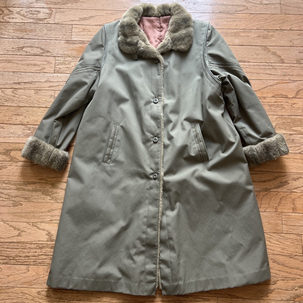 Dannimac Womens Long Trench Coat Light Olive W/ Faux Fur Great‎ Britain